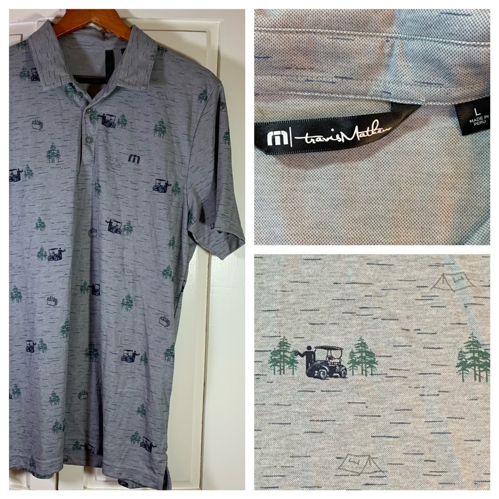Travis Mathew Golf Polo Shirt Golf Cart Tree Print Size L Casual Outdoorsy AOP